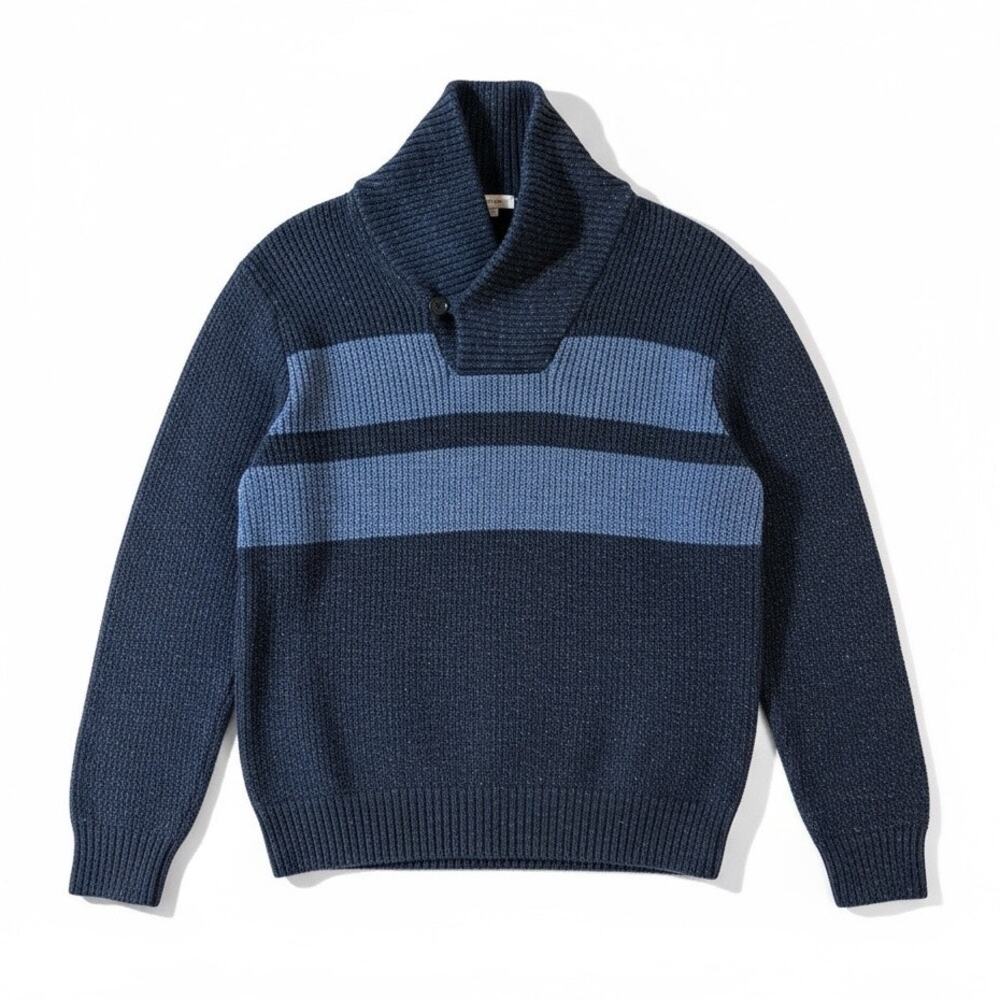 GAP Mens Blue Striped Shawl Collar Knit Pullover Sweater L Classic Career Preppy